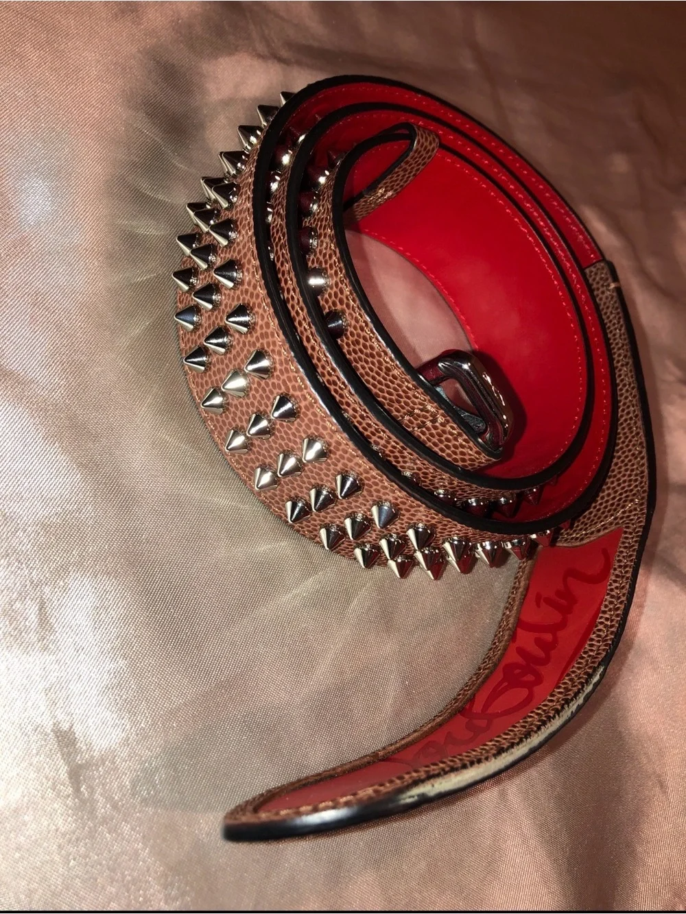 Christian Louboutin Brown Textured Spike Belt with Red Lining